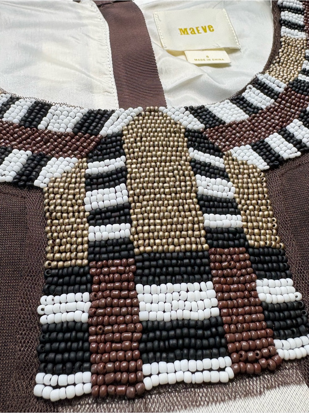 Anthropologie Maeve Beaded Plaid Fit & Flare Midi Dress 6 Brown Cream MSRP $248 - Picture 8 of 15